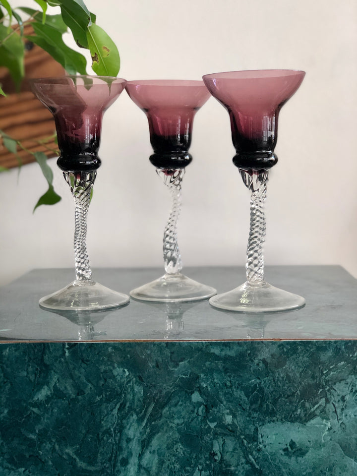 Set of 3 vintage cordial glasses w/ swirling stem