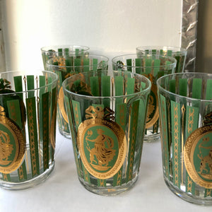 Green striped glasses with gold · Set of 7