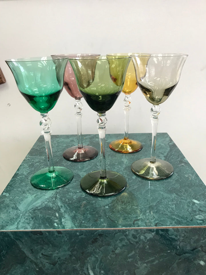 Set of 5 colorful vintage cordial glasses
