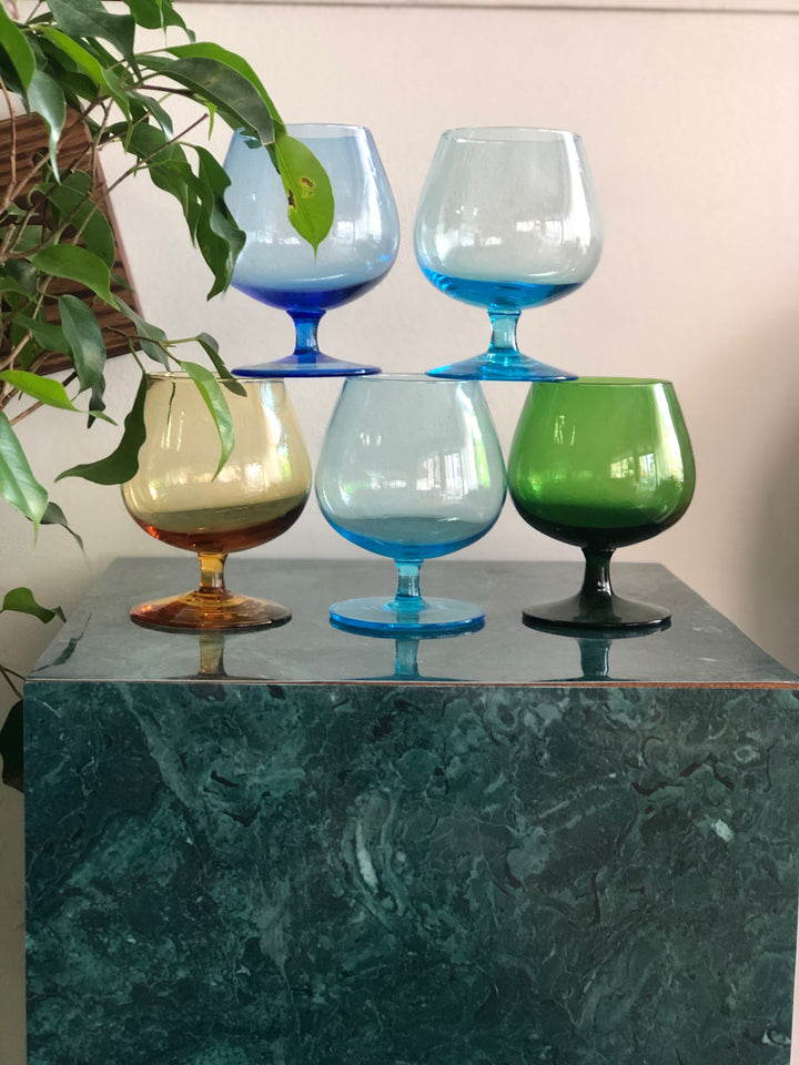 Set of 5 colorful vintage brandy glasses